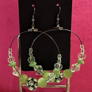 Green Beaded Hoop Dangle Earrings